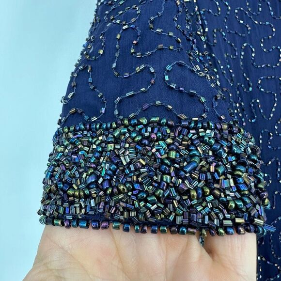 Vintage Laurence Kazar Silk All Over Beaded Mini Dress Size L Navy Cocktail - Picture 8 of 13